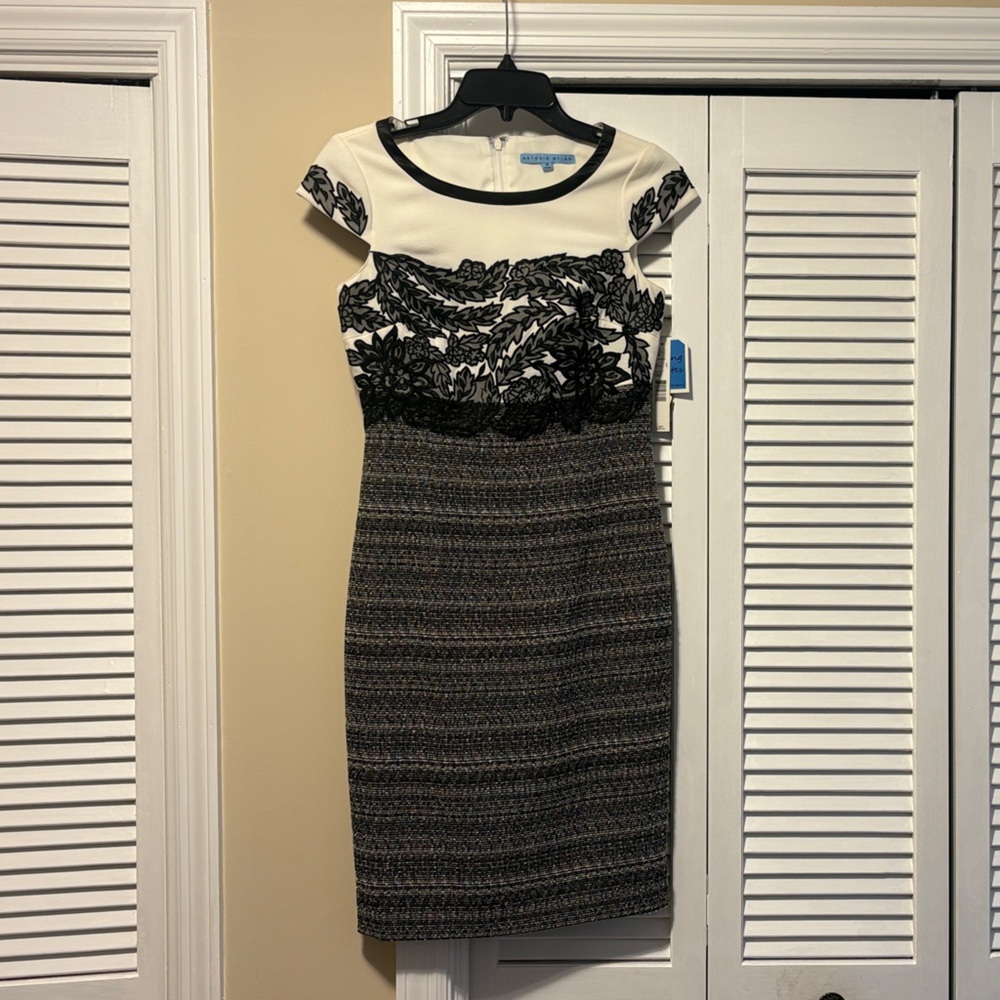 ANTONIO MELANI Black and Cream Cap Sleeve Midi Dress-NWT